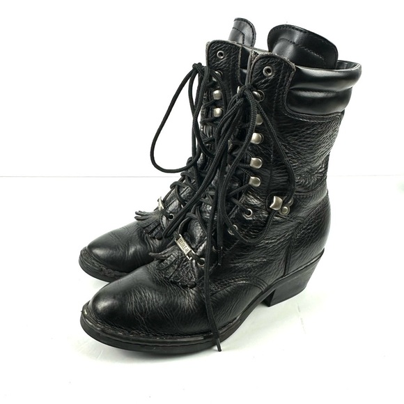 Double H Kiltie Boots 6.5  Black Leather Lace Up Western Cowgirl Bootie - Picture 1 of 10